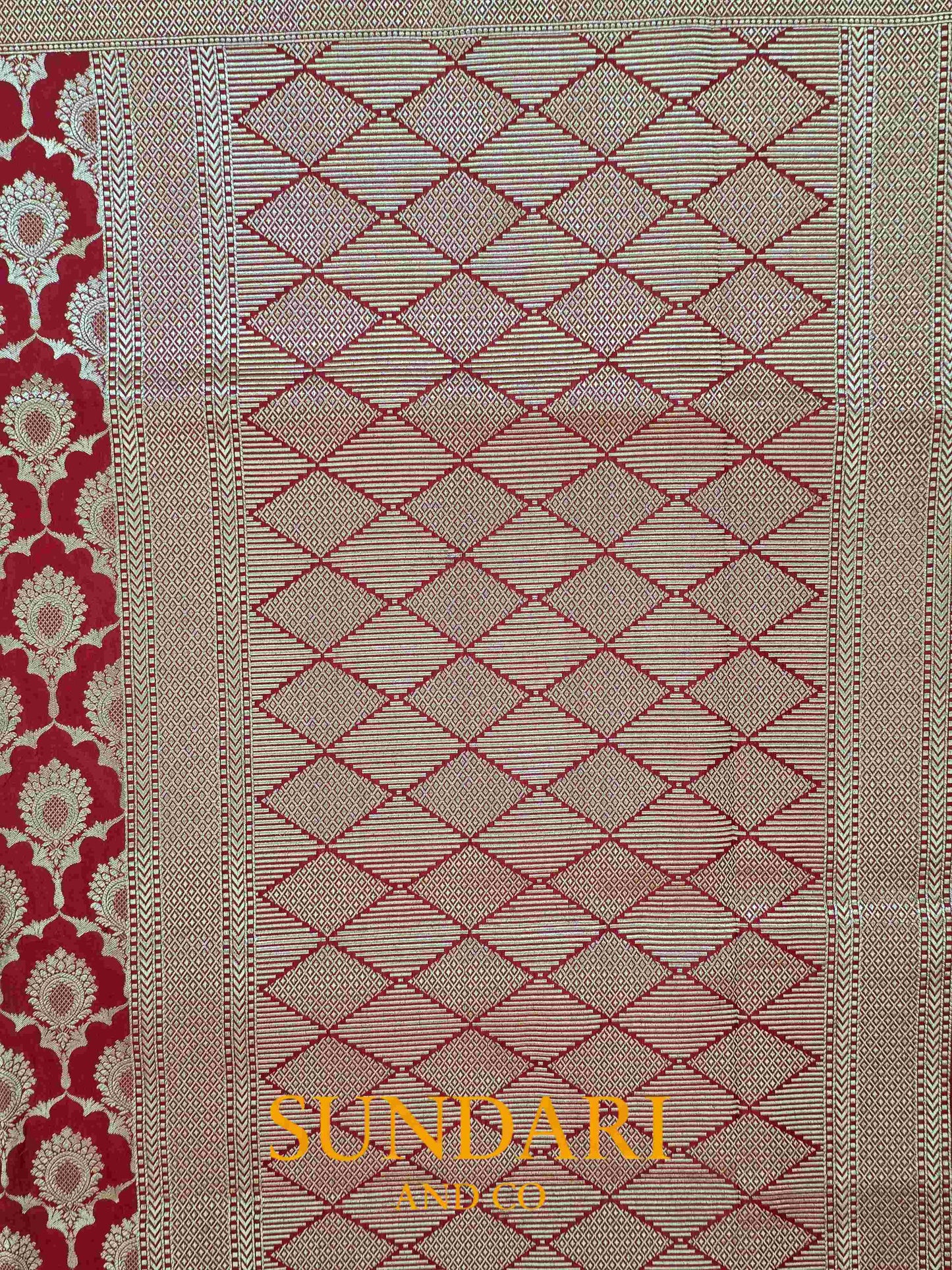 Rose Red | Floral Scalloped Framed Butta | Pure Katan Silk Saree