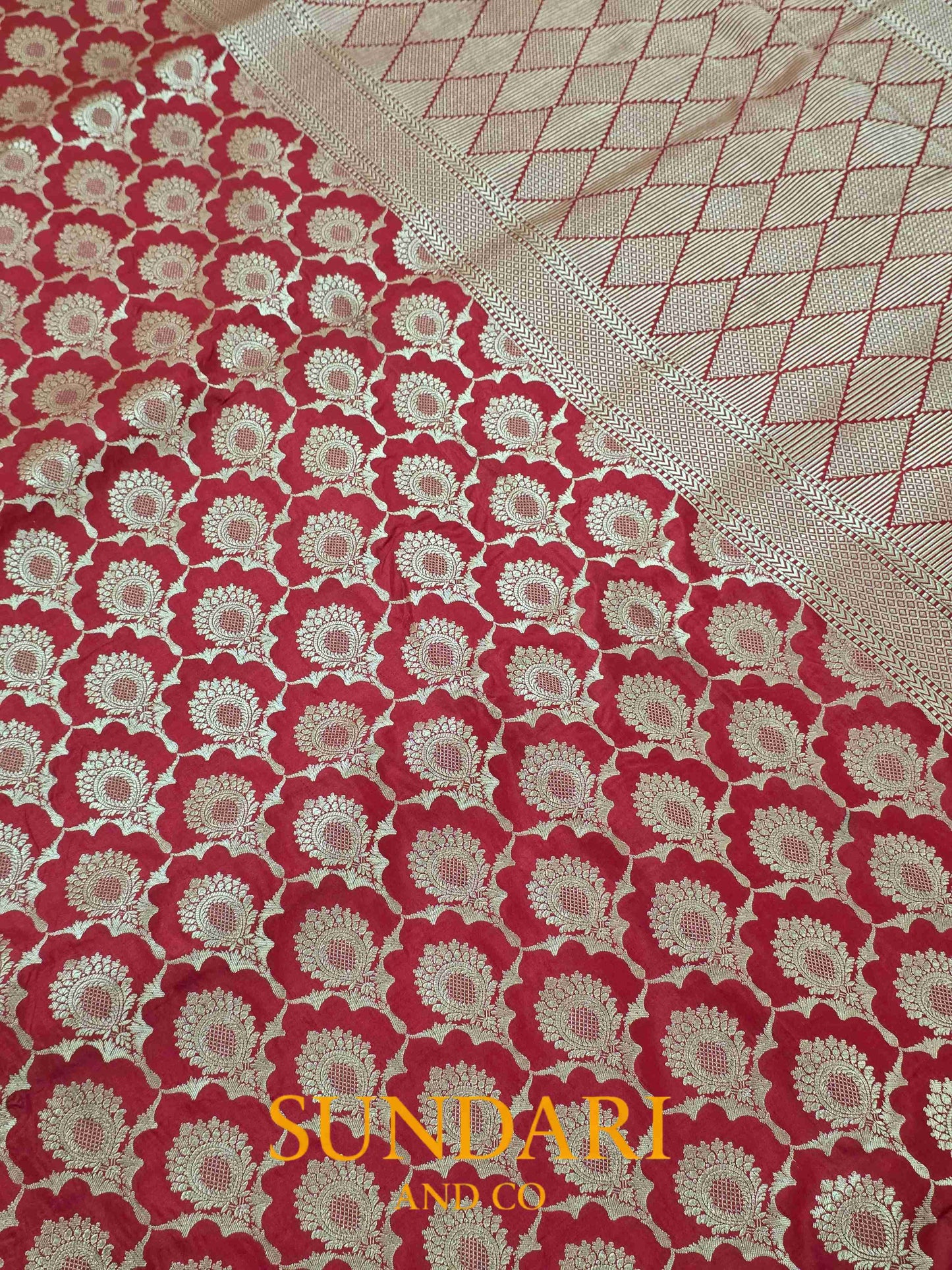 Rose Red | Floral Scalloped Framed Butta | Pure Katan Silk Saree