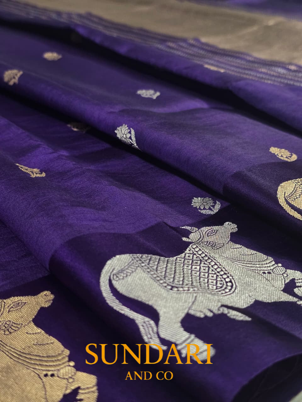 Indigo | Sona-Roopa Pichwai Motifs and Floral Buttas in Kadua Weave | Pure Soft Silk Saree