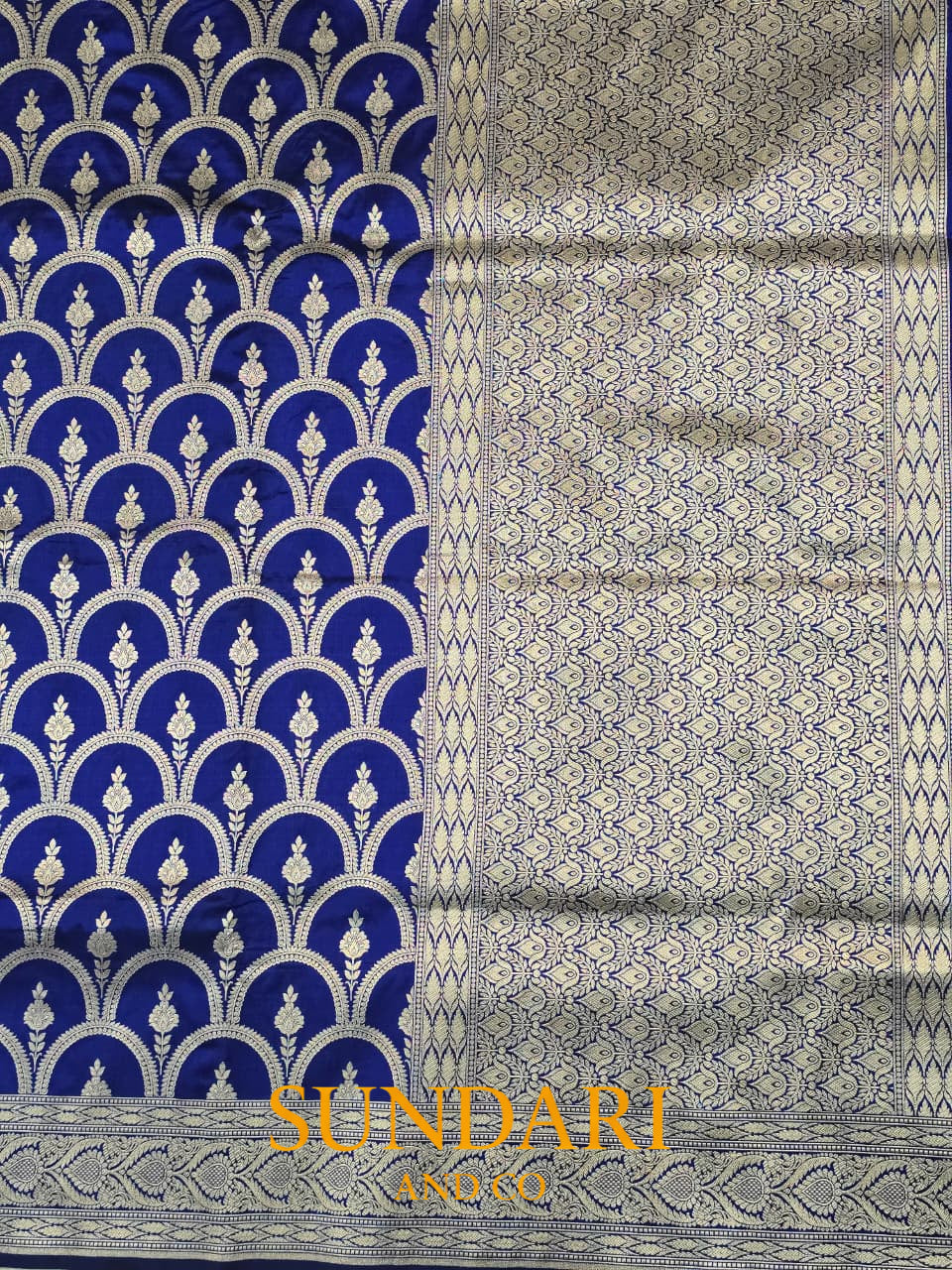 Sapphire Blue | Scallop Framed Floral Butta | Pure Katan Silk Saree