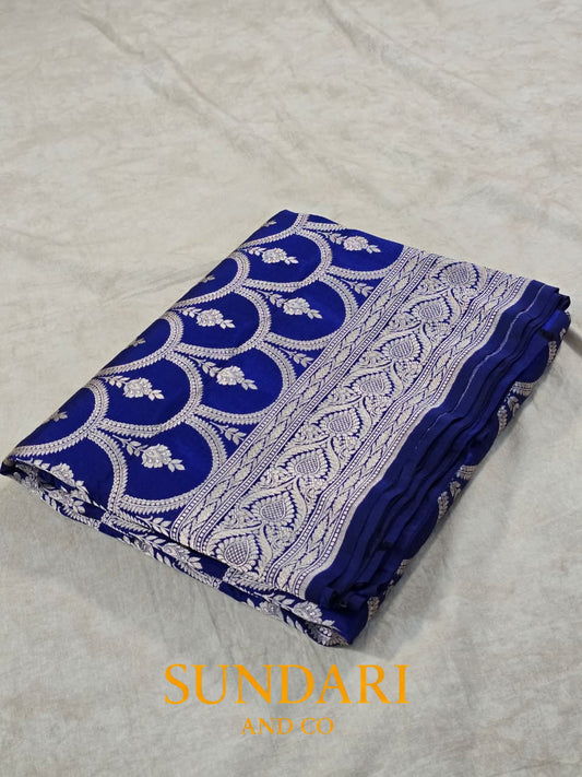 Sapphire Blue | Scallop Framed Floral Butta | Pure Katan Silk Saree
