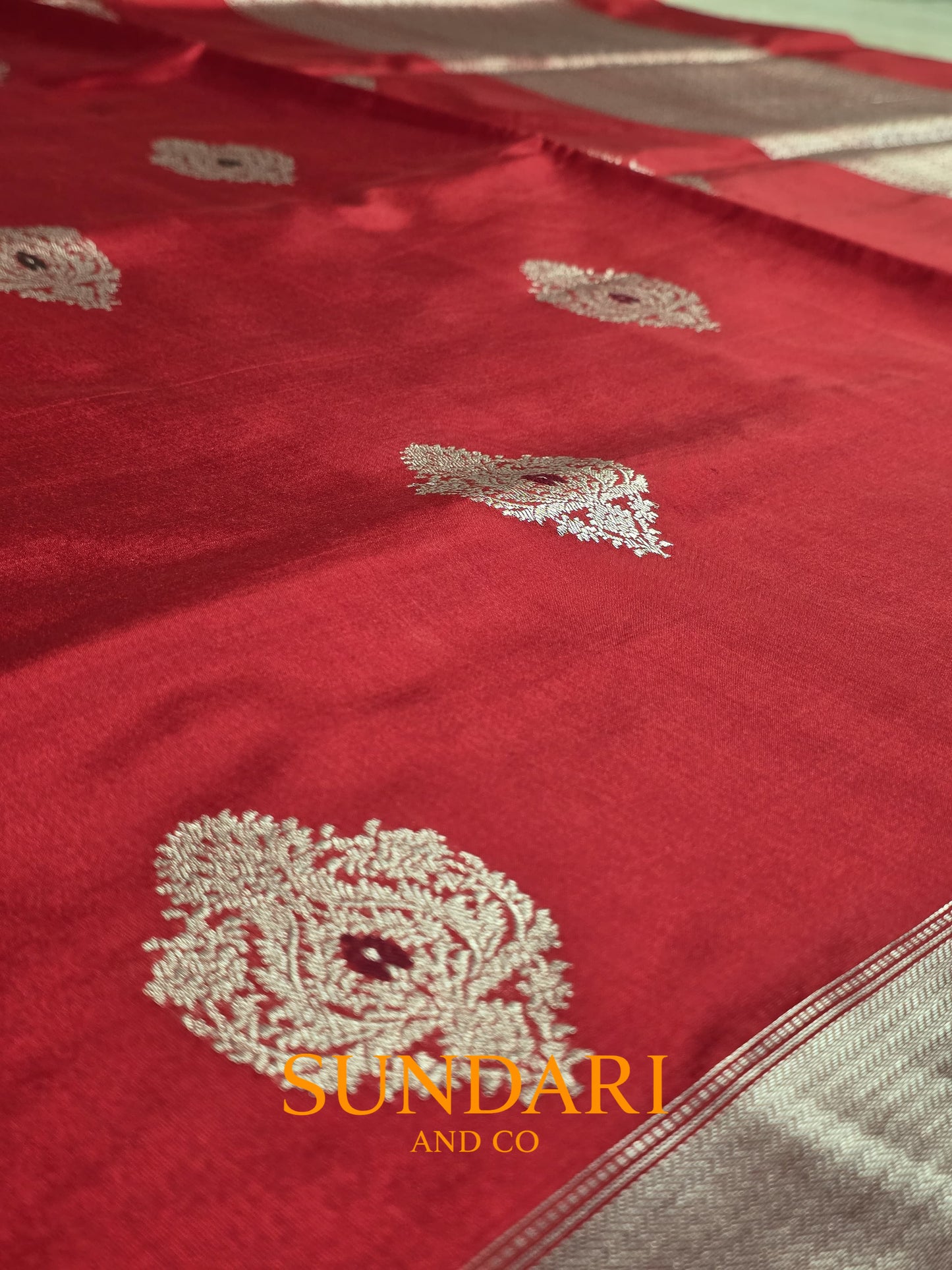Ruby Red | Silver Paisley Buttas in Kadua Weave | Pure Soft Silk Saree