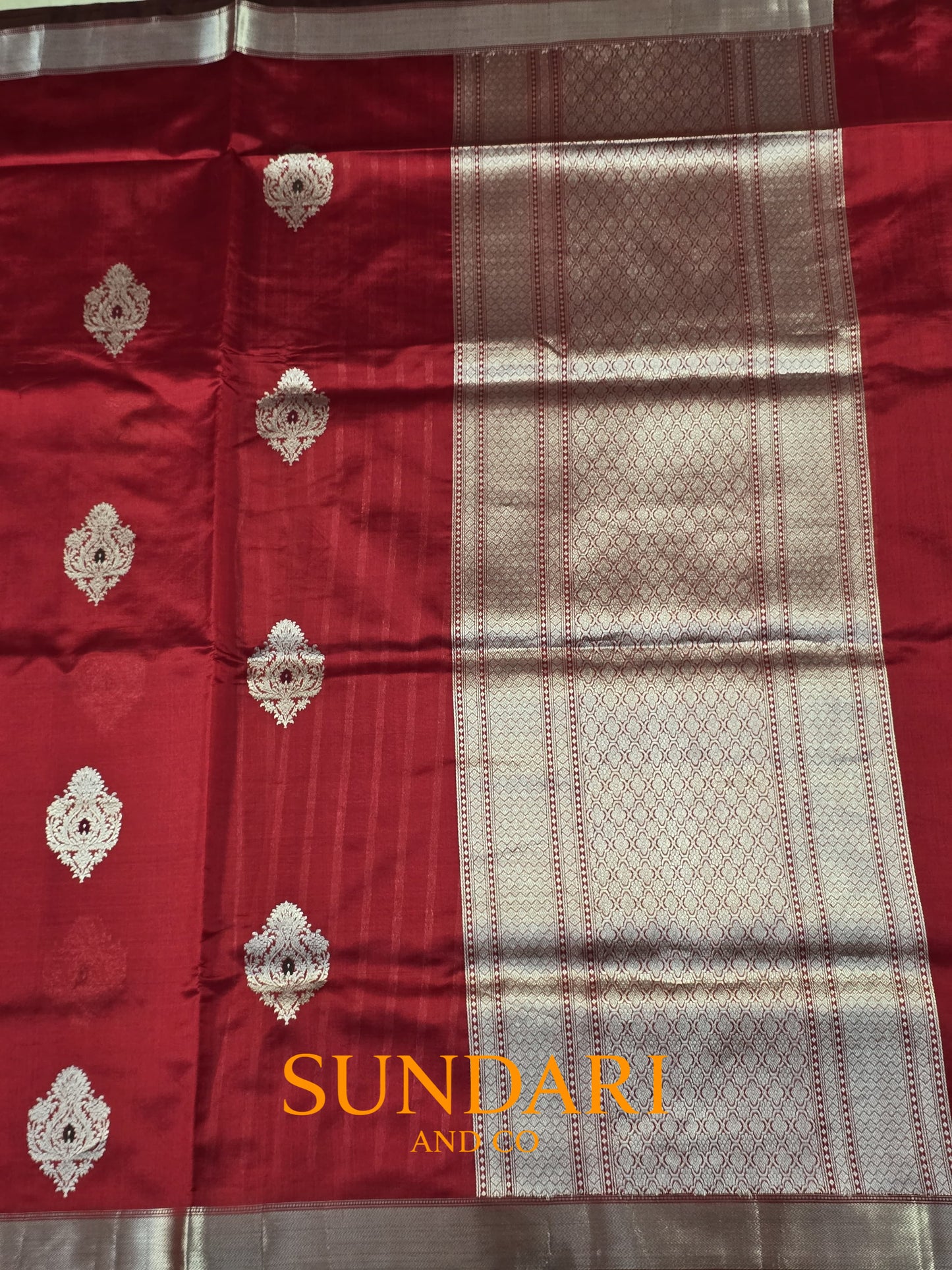 Ruby Red | Silver Paisley Buttas in Kadua Weave | Pure Soft Silk Saree