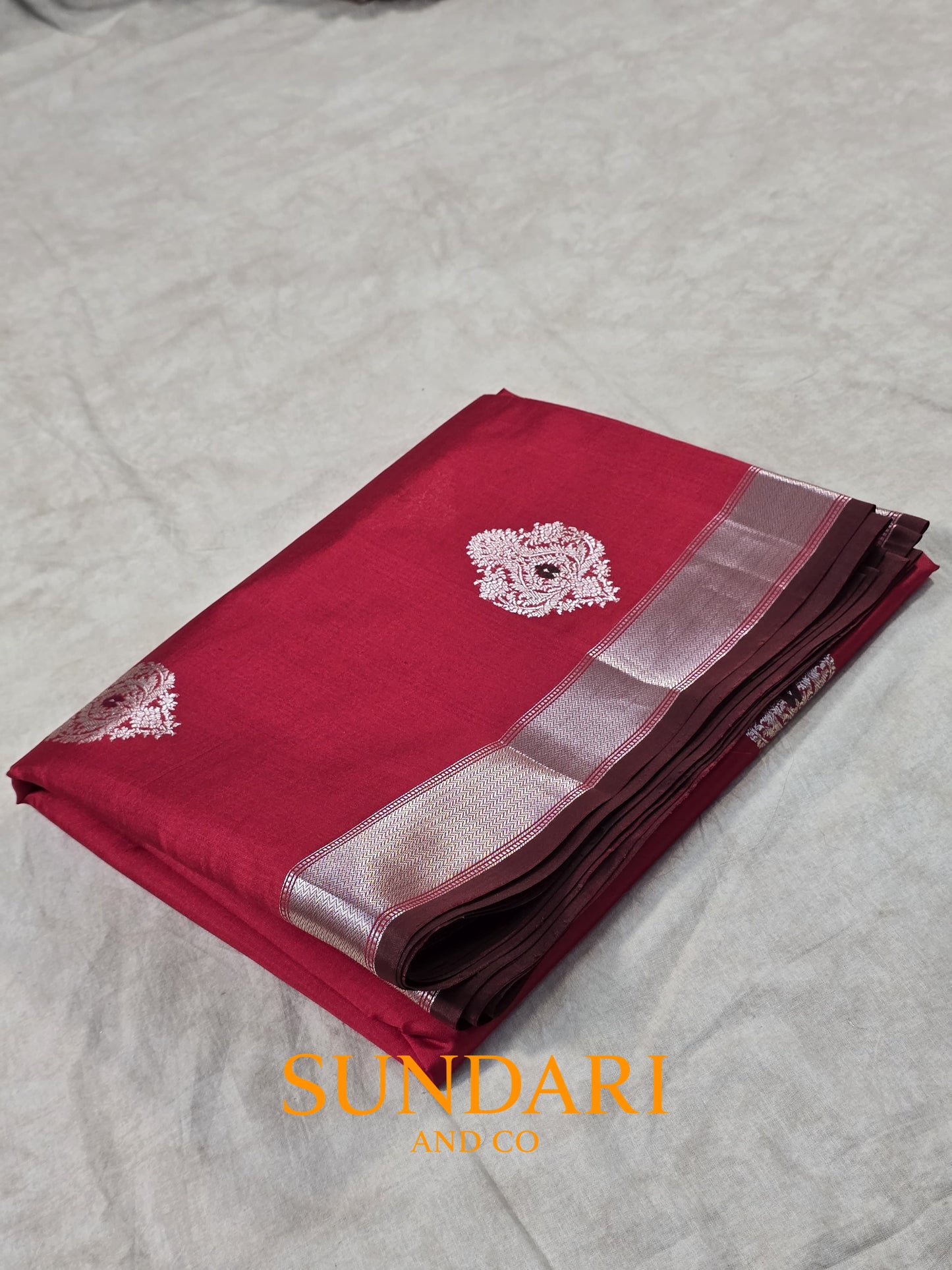 Ruby Red | Silver Paisley Buttas in Kadua Weave | Pure Soft Silk Saree