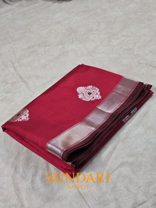 Ruby Red | Silver Paisley Buttas in Kadua Weave | Pure Soft Silk Saree