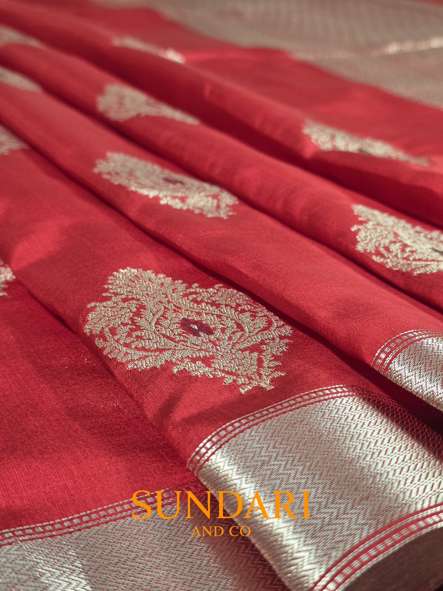 Ruby Red | Silver Paisley Buttas in Kadua Weave | Pure Soft Silk Saree